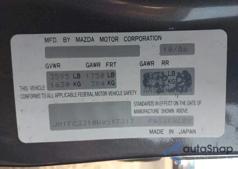 1987 Mazda Rx7 из США, поврежденный, VIN JM1FC3310H0517317